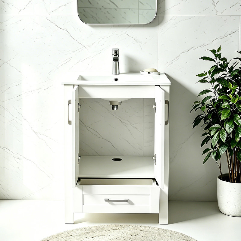 24'' Modern White Free standing Single Bathroom Vanity With Ceramic Top