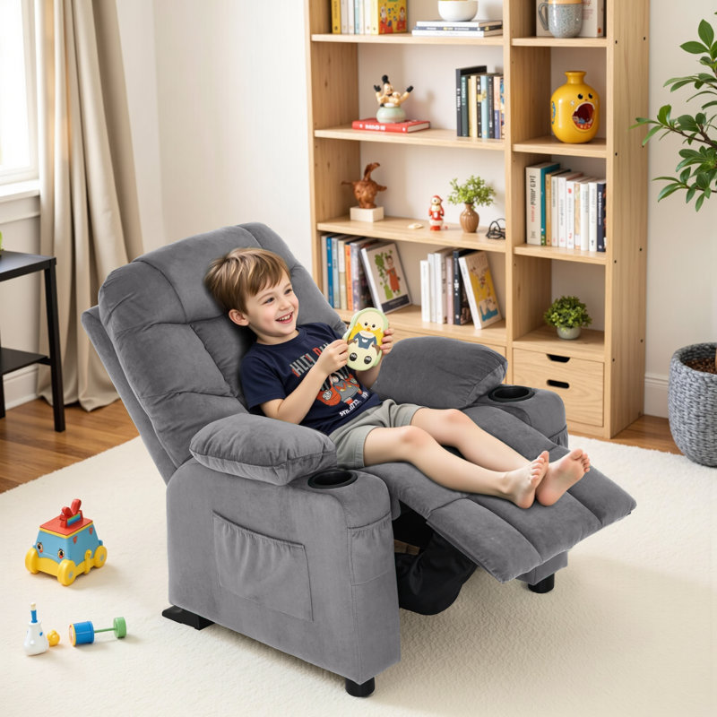 Goggin Kids Recliner with Anti-Tilt, Two Cup Holder, Fabric Upholstered, Dark Gray