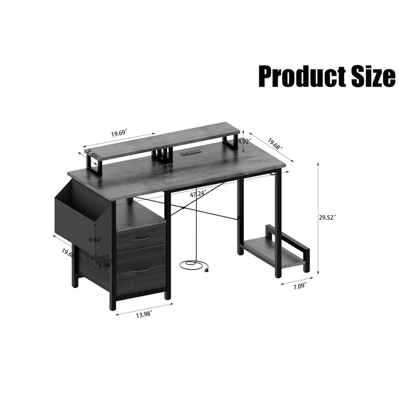 Office Desk With Power Outlet, Brown, Black