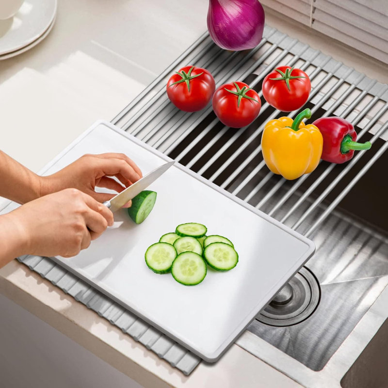 Over-Sink Roll-Up Dish Drying Rack | Multipurpose Foldable Sink Mat | Heat-Resistant, Anti-Slip & Anti-Rust | 17"x13" Grey