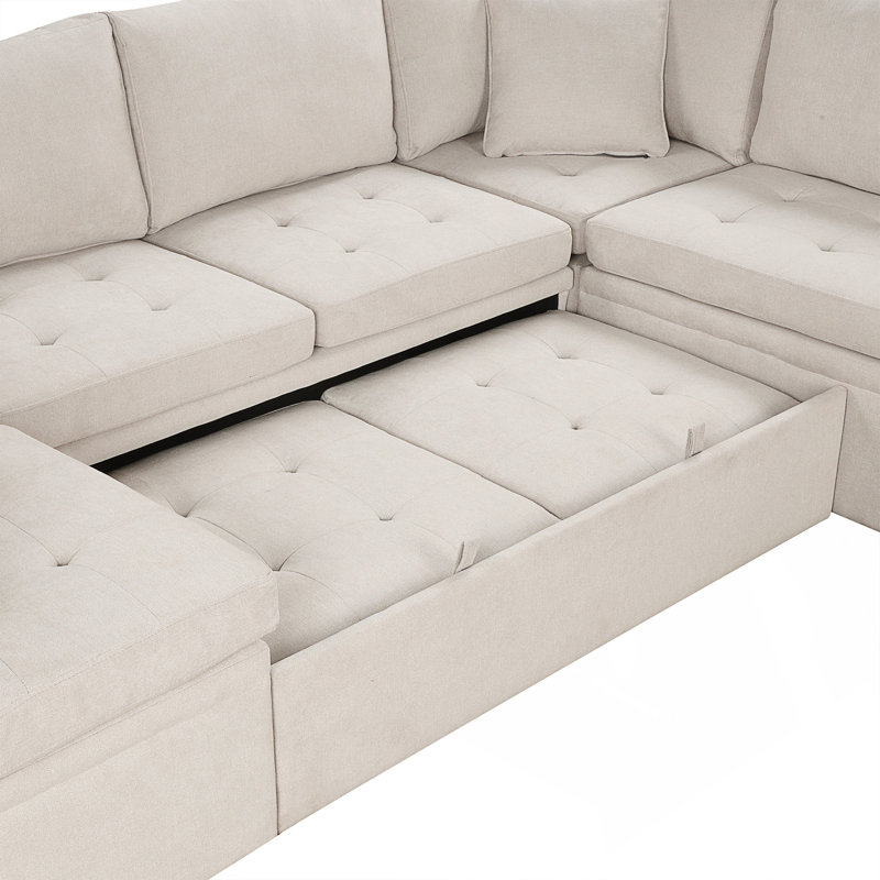 117.3" Oversized Sectional Sofa U- Shaped Sofa Couch Pull-Out Sofa Bed With Two Throw Pillows For Living Room, Beige