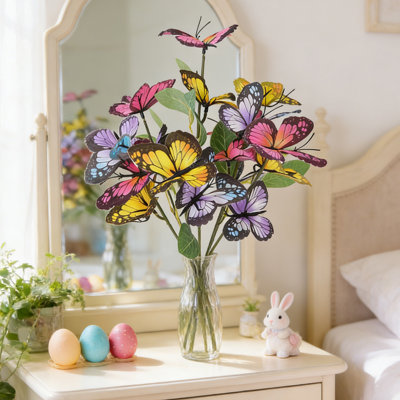  Fake Flowers Artificial Silk Faux Flower, Simulation Branch Stems with Fake Butterfly Floral Arrangement for Vase Filling Home Office Party Wedding Centerpieces Decoration