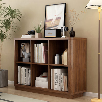 Bibliothèque à 6 cubes, bibliothèque horizontale basse de 40 po de large avec bord courbé, bibliothèque à 2 niveaux avec base en bois, bibliothèque courte pour maison de campagne, chambre à coucher, salon, bureau, noyer