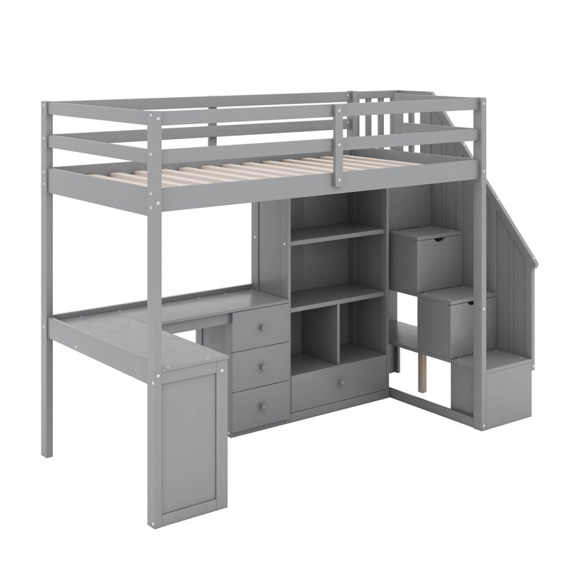 Lit mezzanine simple avec bureau en L et tiroirs, Gris