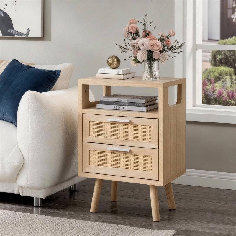 2-piece Boho Rattan Nightstand With Open Shelf And 2 Drawers, Beige