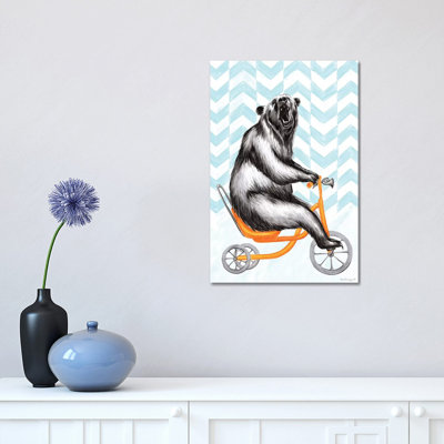 Bear On Bike by Amélie Legault - Floater Frame Print on Canvas