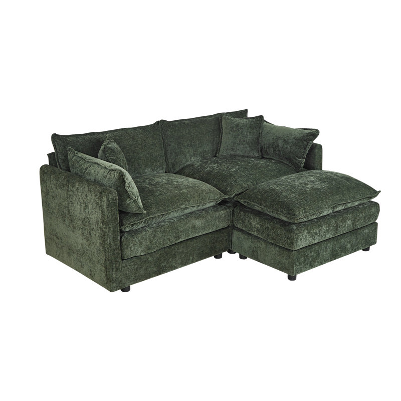 Modern Chenille Loveseat Sofa Couch With Ottoman, 33.85" H x 77.16" W x 35.82" D, Green Chenille