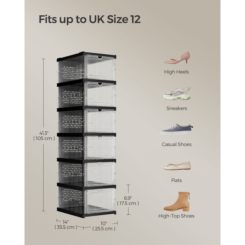 6 Pair Stackable Shoe Storage Box, Black