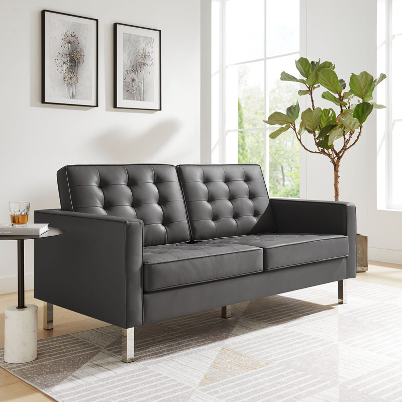 Loft Tufted Vegan Leather Loveseat, Faux Leather Gray