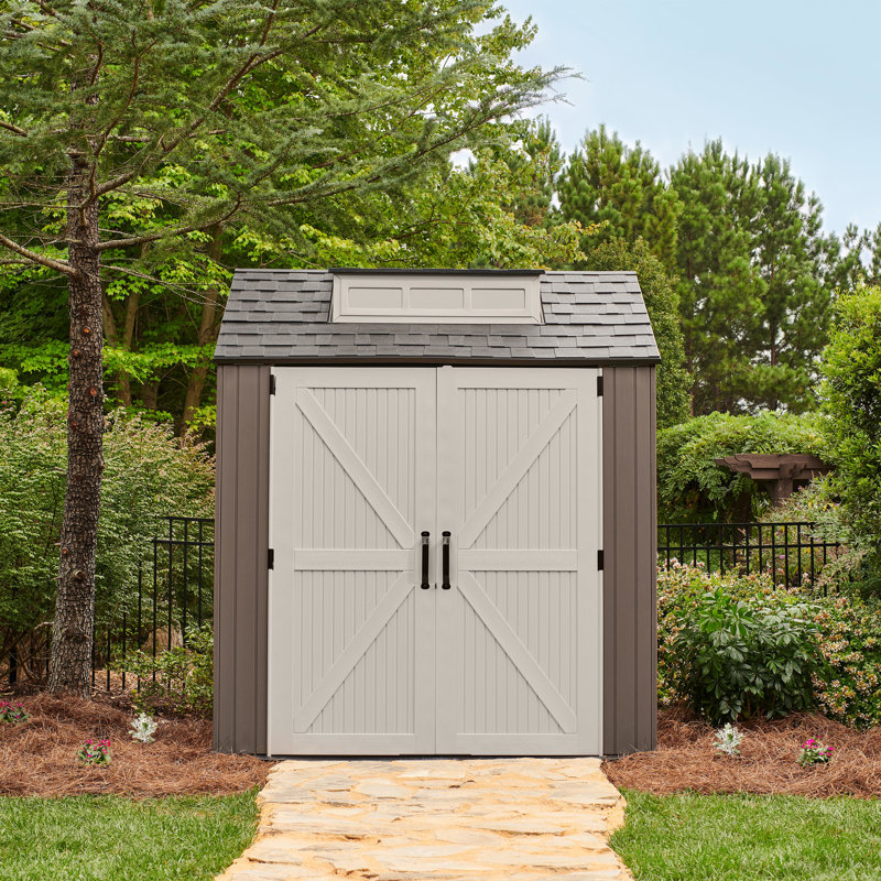 Brown Resin Medium Outdoor Storage Shed with Windows, 7 x 7 ft