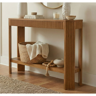 Fluted 36-Inch Solid Wood Console Table with Storage Shelf, Oak