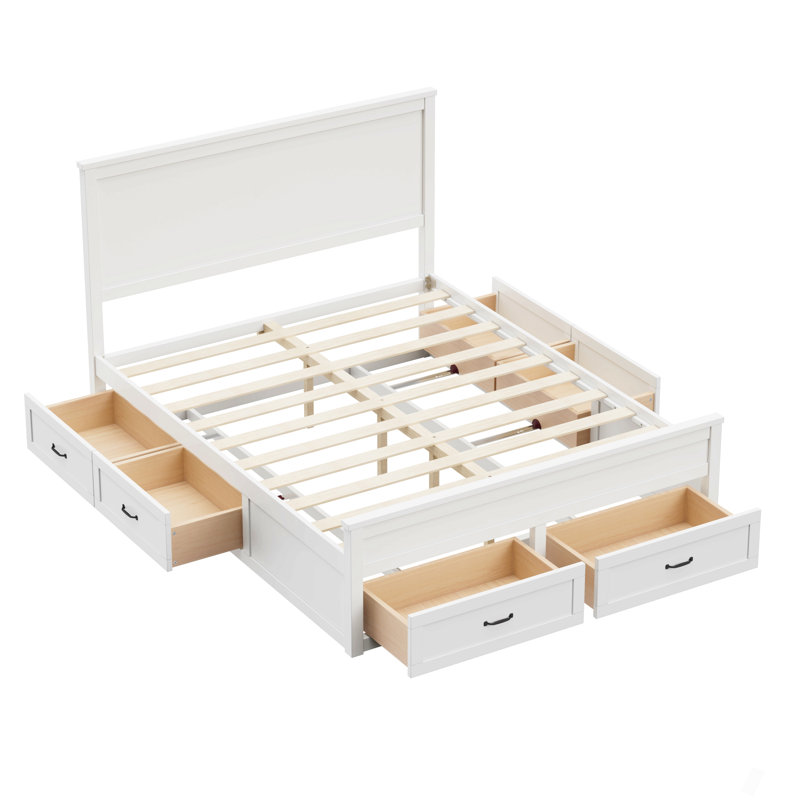 Structure de lit moderne avec 6 tiroirs et lit plateforme avec support à lattes en bois, Blanc