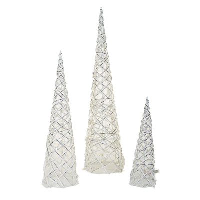 Set of 3 White Paper Shiny Cone Tree Warm White LED Accents