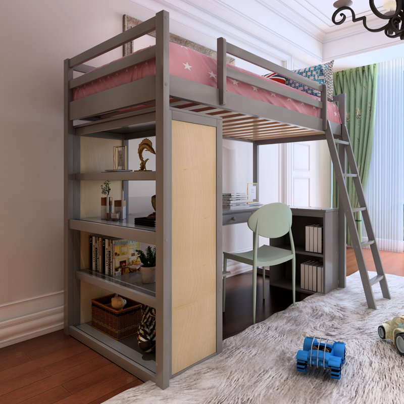 Graecen Kids Loft Bed with Drawers, Full, Gray