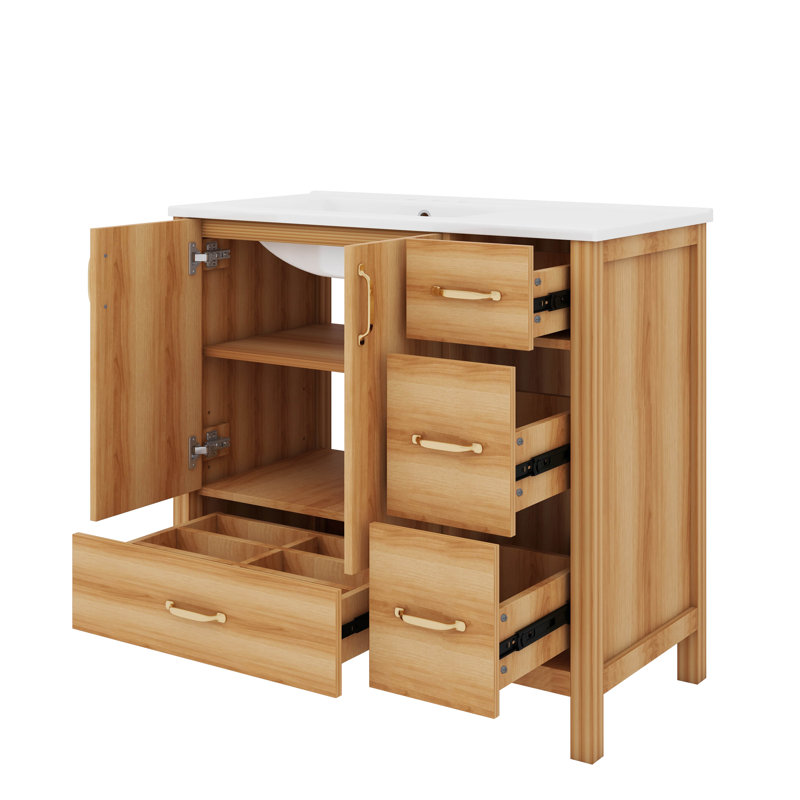 Meuble-lavabo en bois 36 po, 2 portes à fermeture douce, 4 tiroirs à fermeture douce, tablette réglable