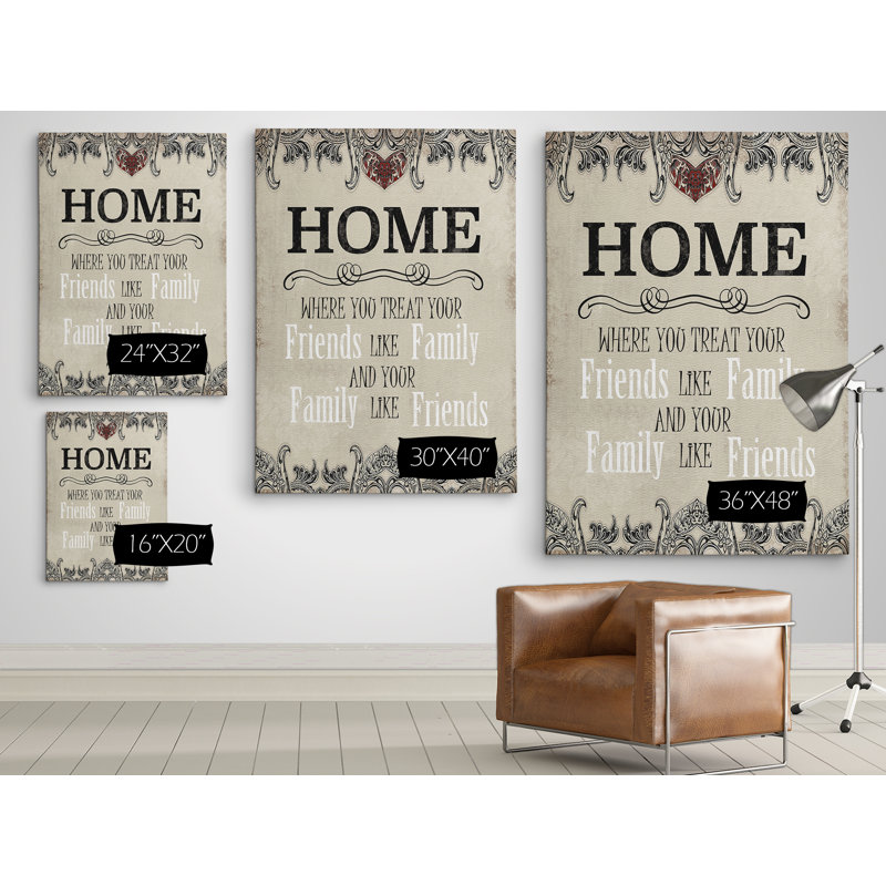 « home », art textuel sur toile tendue, H 16 po x l 20 po x P 1,5 po