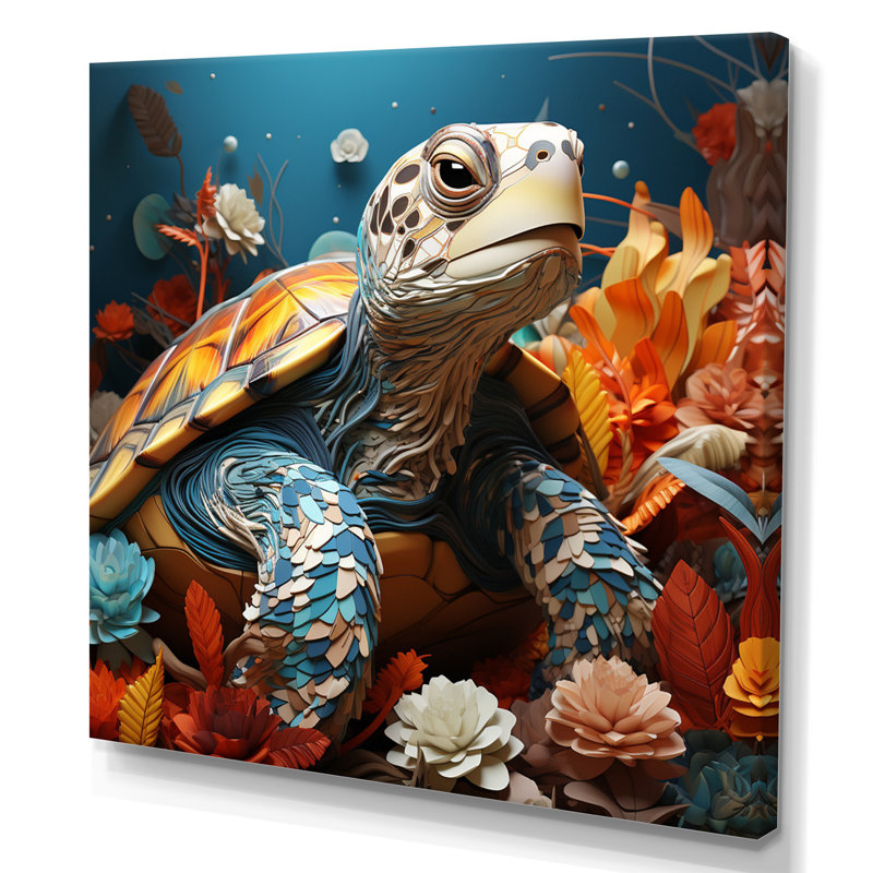 Turtle Journey Coral, impression géométrique sur toile encadrée, H 16 po x l 16 po, Toile tendue