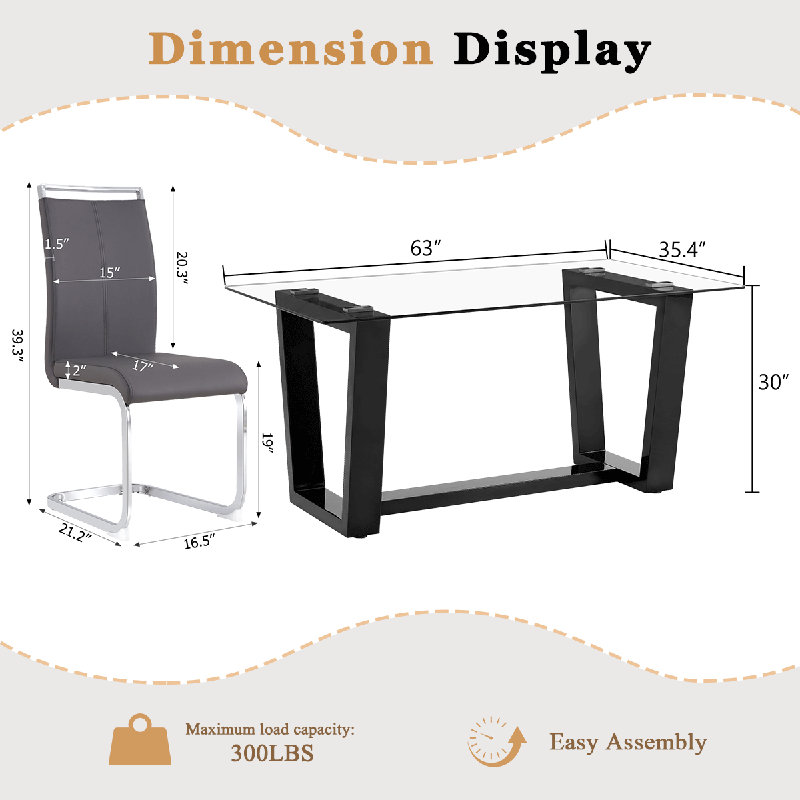 63'' Dining Table Set For 4–6 People, Modern Tempered Glass Kitchen Table With Faux Leather Chairs, Gray