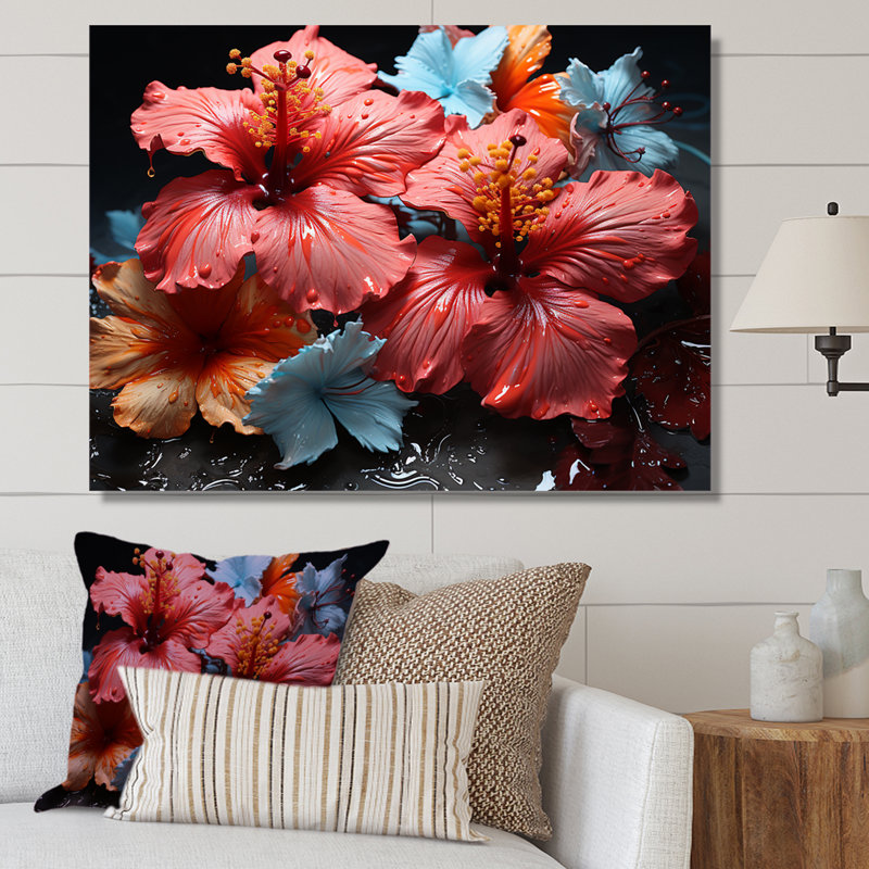 Hibiscus en fleurs sur verre, Toile tendue, H 12 po x l 20 po x P 1 po