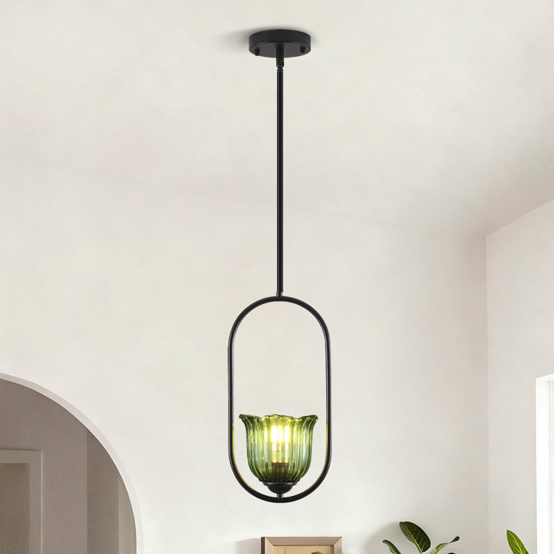 Luminaire suspendu moderne 1 lumière avec verre vert en forme de fleur pour îlot de cuisine, Vert/transparent