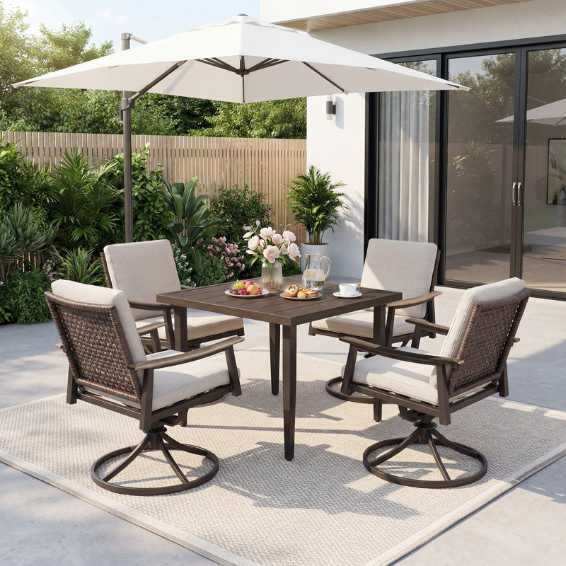 Outdoor 4 Person Dining Set, 4 Rattan Swivel&Rocking Chairs And Cushions