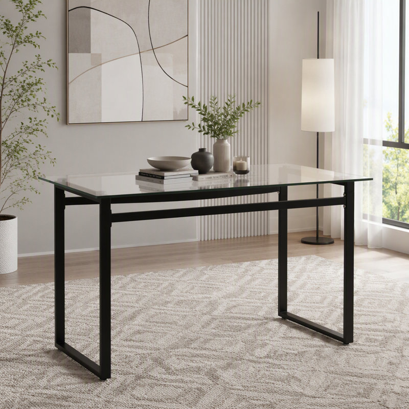 Table de salle à manger rectangulaire en verre trempé de 51 pouces avec pieds chromés, Black+Transparent