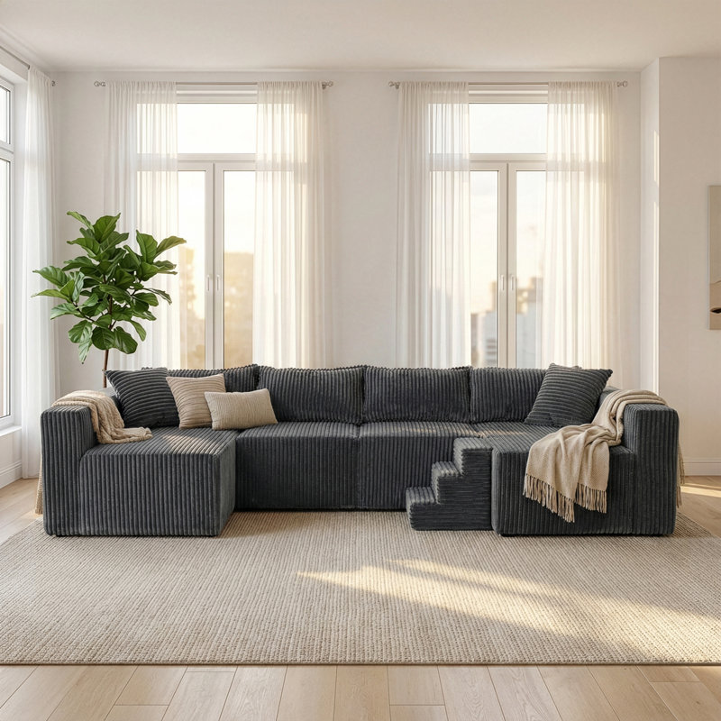  Canapé modulaire en forme de U de 128 po sans dossier désossé, sièges surdimensionnés de 27,6 po de profondeur pour le salon