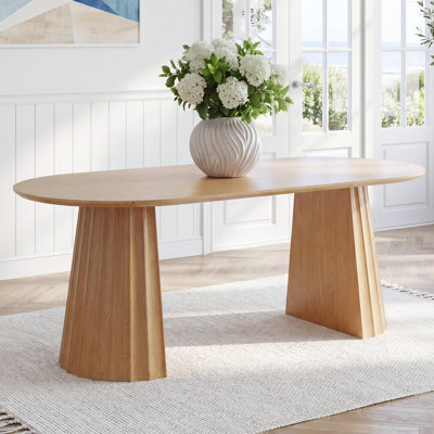 Jasmine 79" Oval Solid Wood Dining Table With Sculptural Faceted Pedestal Base