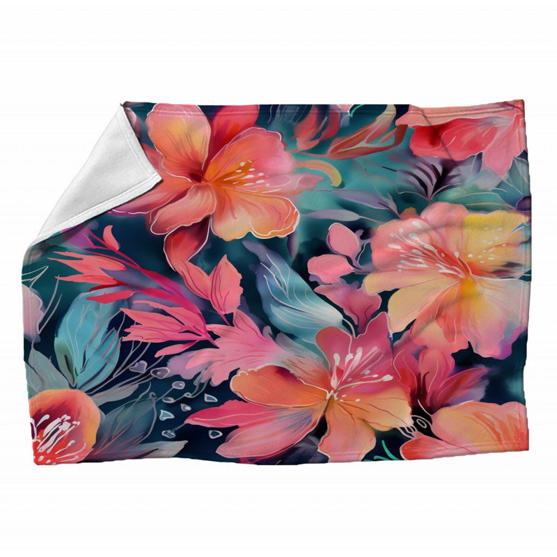 Machine Printed Throw Blanket, 80" L x 60" W, Floral, Multicolor Pink/Red