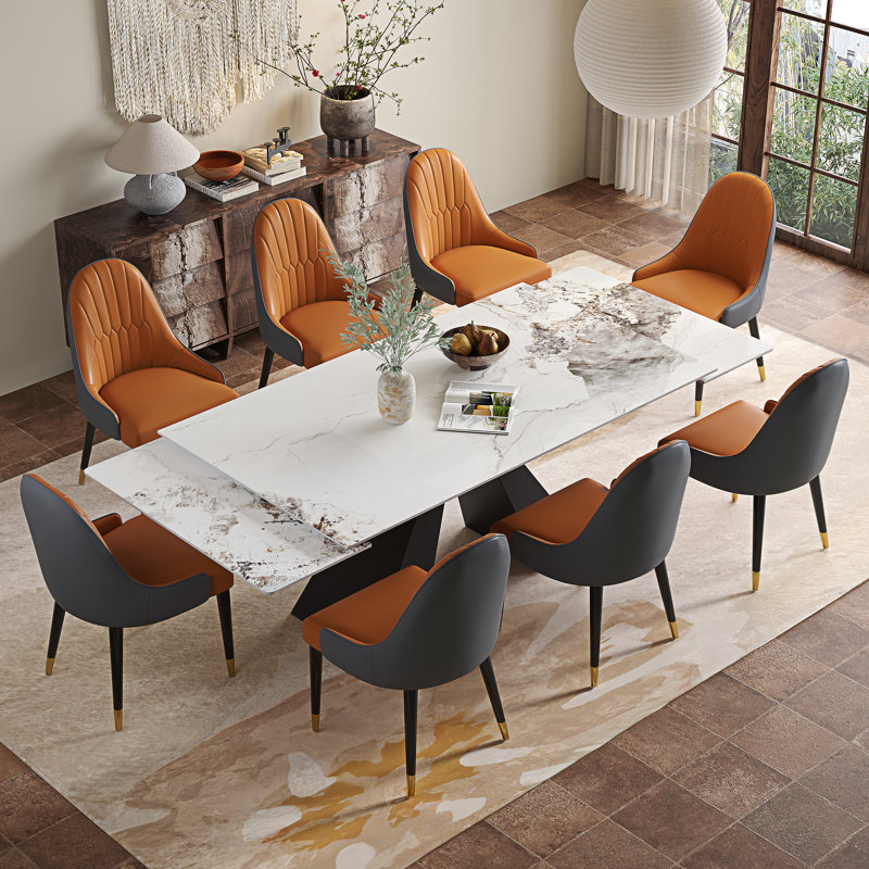 Ensemble de table de salle à manger avec table extensible en fritté de 94,5 po et 8 chaises en similicuir, Blanc Chanel