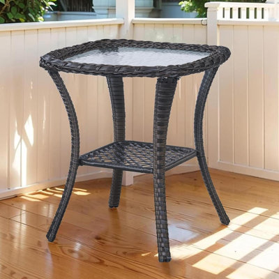 Small Outdoor Side Table - 50 LBS Weight Capacity Wicker Side Table With Storage, Tempered Glass Top Patio Side Table For Porch Balcony Deck Garden