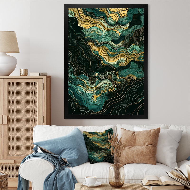 Green Linear Symphony III, reproduction d'art sur toile, H 32 po x l 16 po x P 1 po, Cadre photo noir
