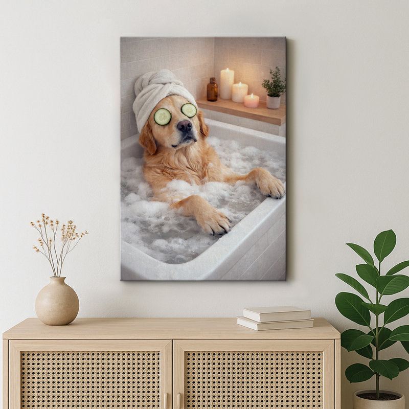 «Relaxing Golden Retriever Spa Bath», impression sur toile, impression sur toile encadrée, H 24 po x l 16 po x P 1,5 po