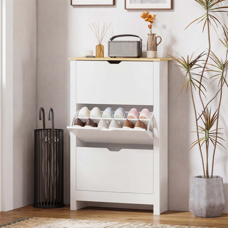18 Pair Flip Down Shoe Storage, White/Natural Wood
