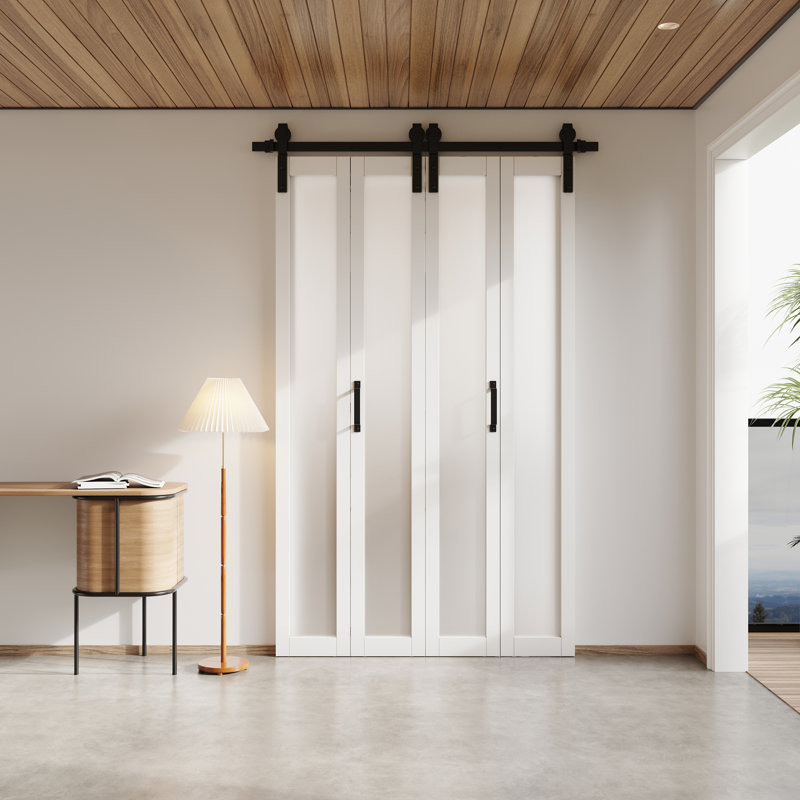 84'' Solid Manufactured Wood Glass Bi Fold Sliding Barn Door with Installation Hardware Kit, 50" x 84"