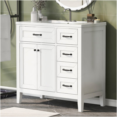 Ensemble de meuble-lavabo 36 po avec lavabo, armoire de salle de bain blanche avec tiroirs, cadre et panneau de fibres à densité moyenne