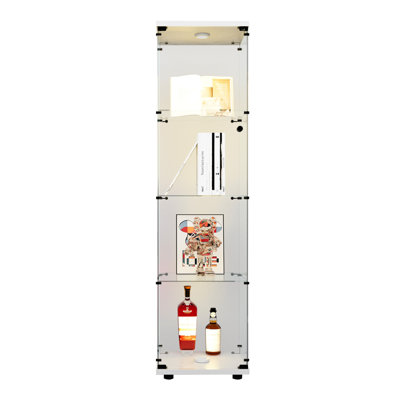 White Floor Standing Glass Storage Cabinet - 4 Shelf Display For Office 64.7"x16.7"x14.3" Versatile And Practical Living Room Bedroom Curio Shelves With Door 64.7"x16.7"x14.3