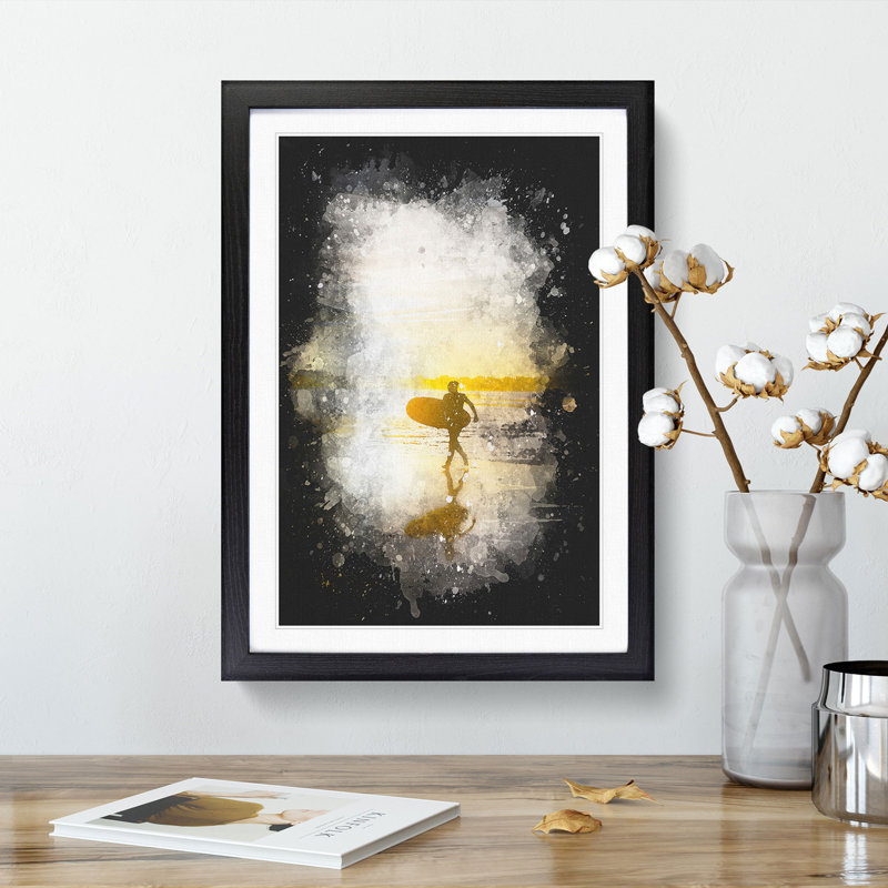 Surfer on a Spanish Beach - Framed Print, 87cm H x 62cm W x 2cm D, Black Framed