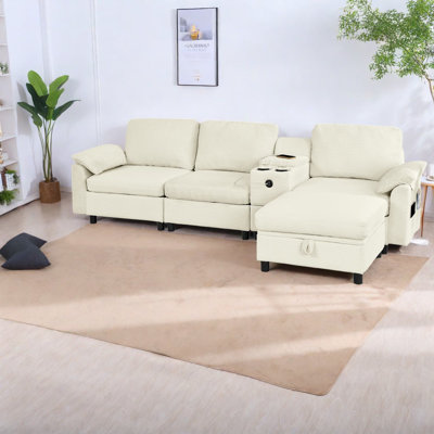 Canapé d'angle moderne avec rangement, structure en bois beige, canapé contemporain pour la maison familiale