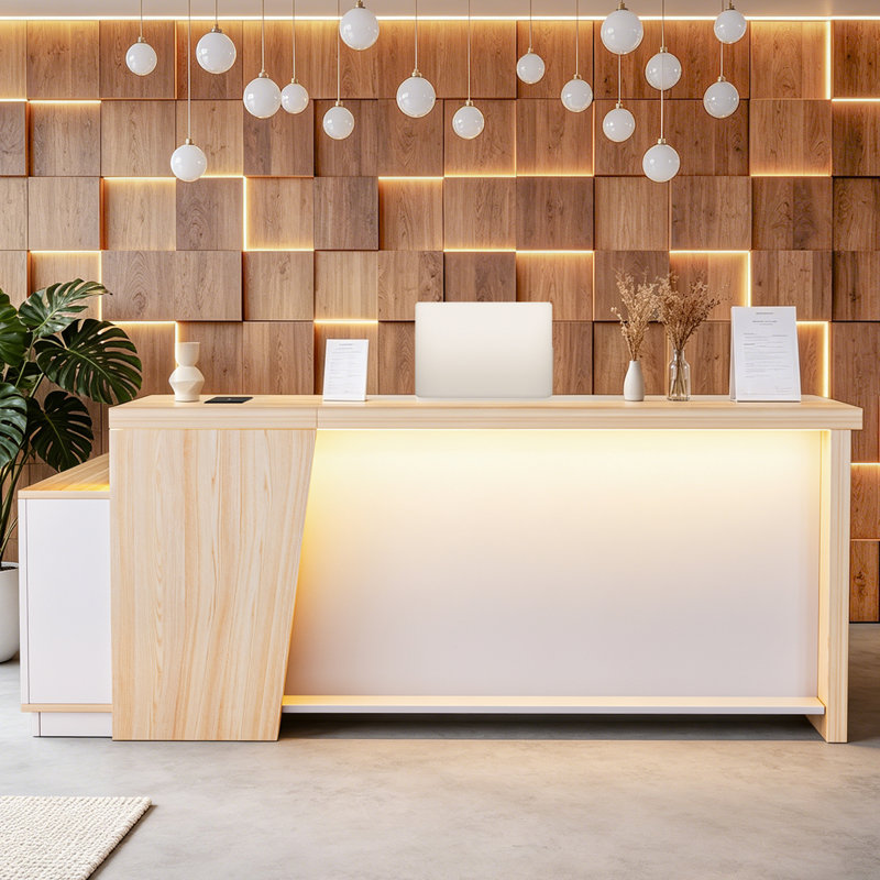 Bureau de réception en forme de L 78,7 po de qualité supérieure avec éclairage à DEL réglable à télécommande, tiroirs de rangement verrouillables et gestion des câbles, grain de bois champagne et finition beige