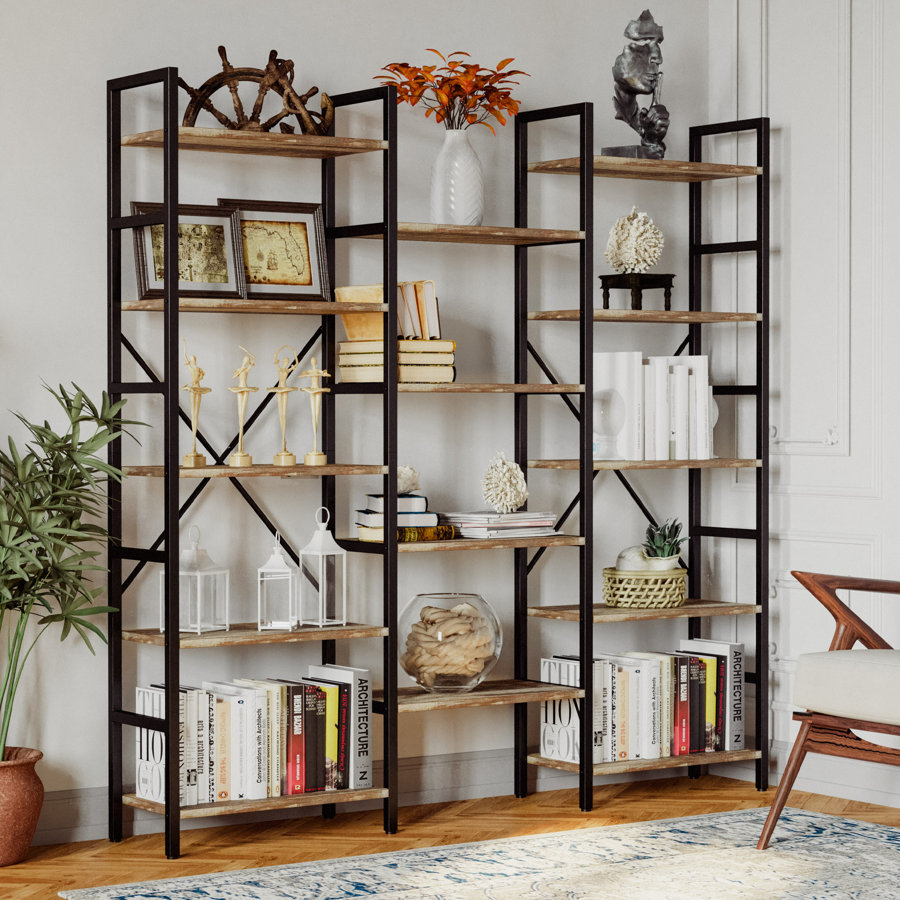 17 Stories Bookcases And Bookshelves Triple Wide 5 Tiers Industrial Bookshelf, Large Etagere Bookshelf Open Display Shelves With Metal Frame For Living Room Bedroom Home Office