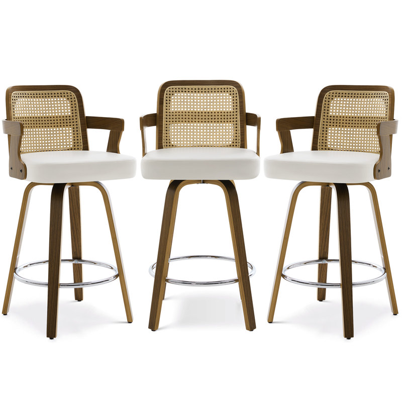 26.77" Upholstered Cane Back Counter & Bar Stool With Armrest, White, Bar Stool (29" Seat Height)