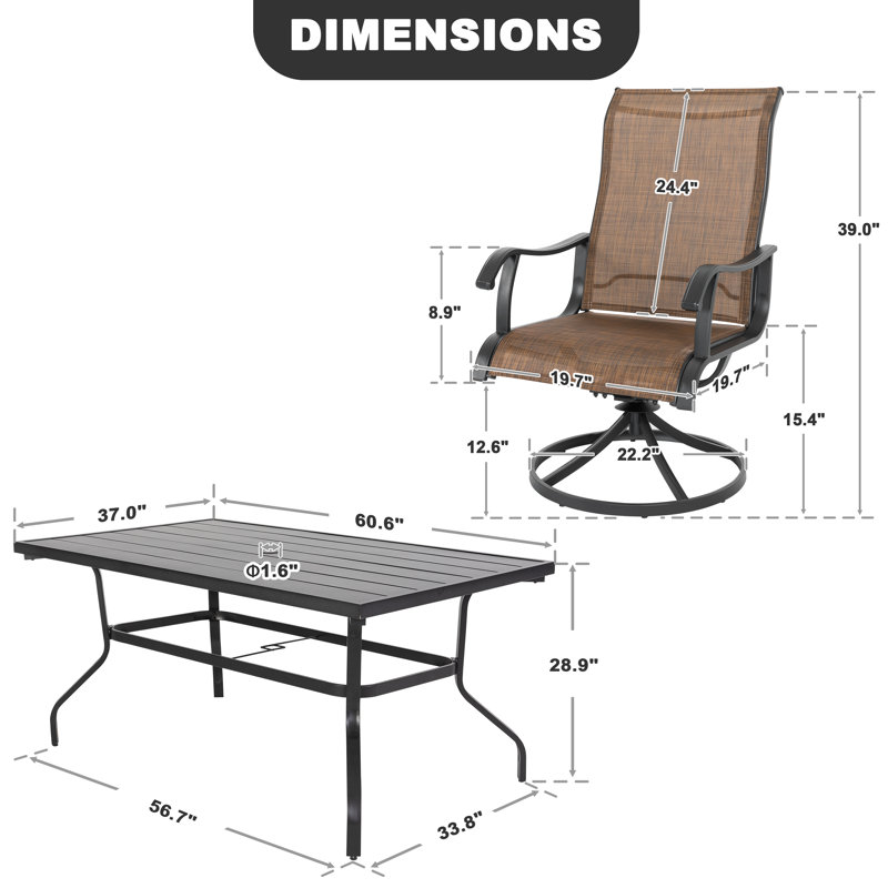 7-Piece Patio Iron Dining Set with Textilene Swivel Chairs, Brown and Black, 6, Rectangular