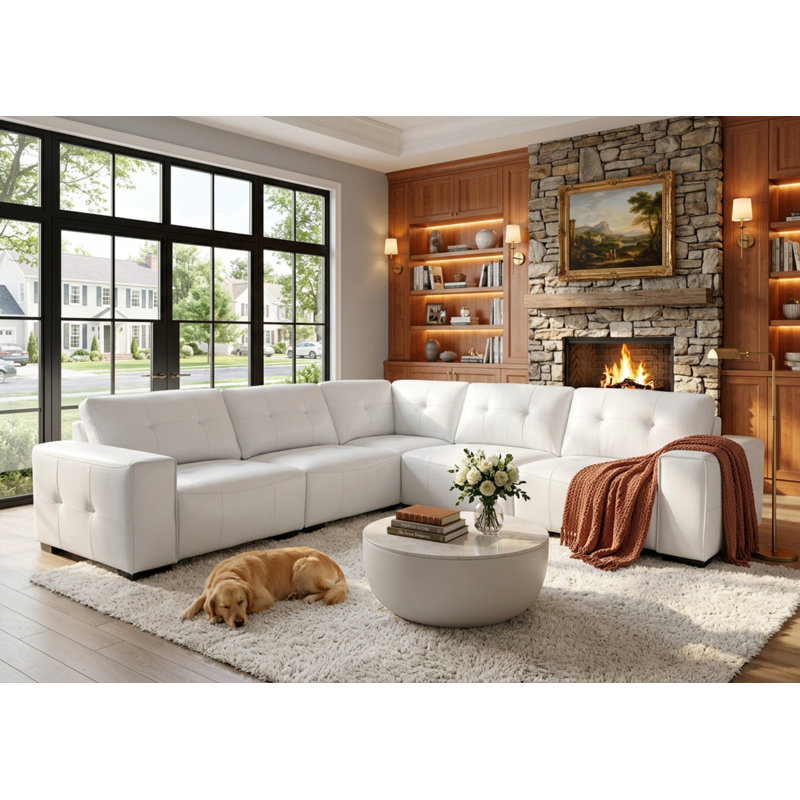 Contemporary White & Khaki Leather L-Shaped Sectional Sofa, White Faux Leather