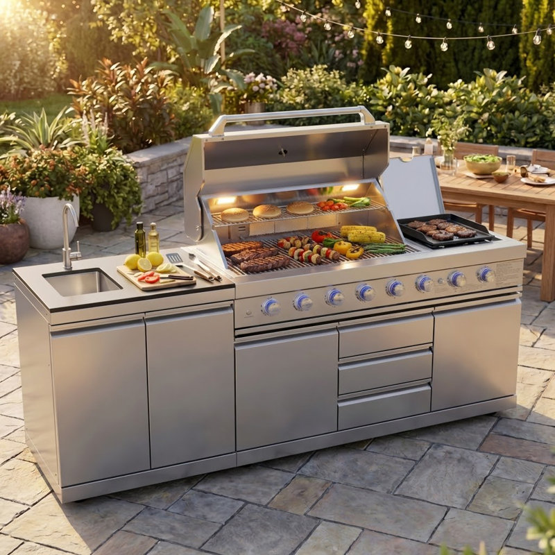 Îlot de cuisine extérieur modulaire en acier inoxydable avec évier et roues Akoah
