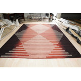 Black Flat Weave Wool Hourglass Motif Geometric Modern Contemporary Carpet Rug