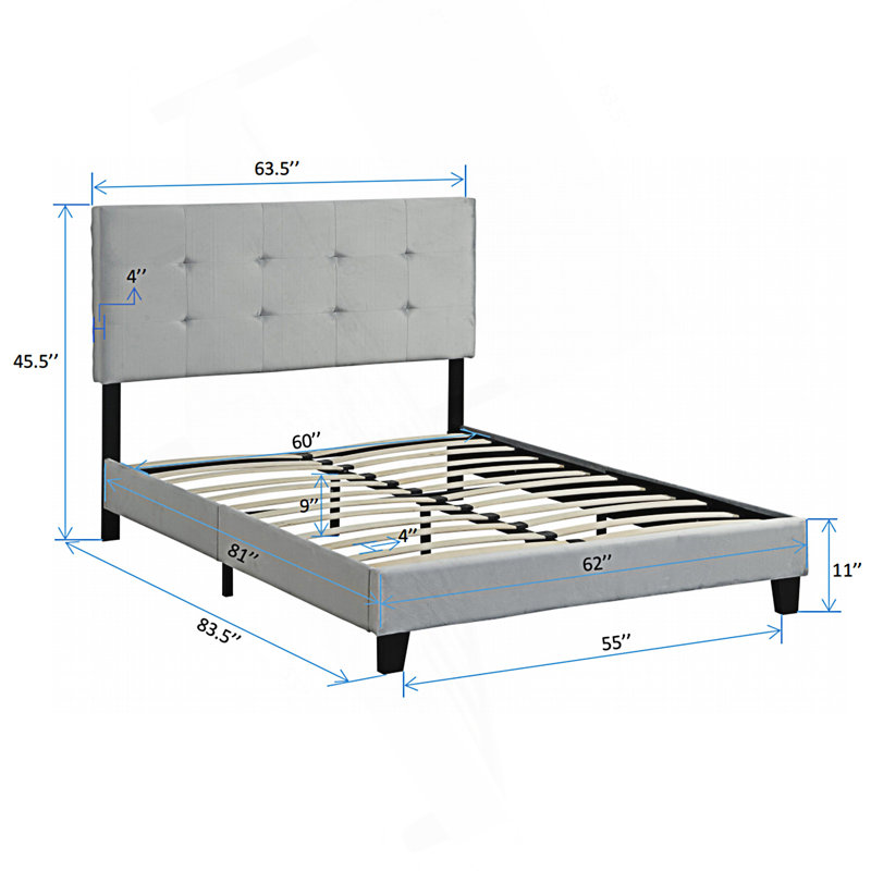 Contemporary Upholstered Bed Frame With Pull Point Tufted Headboard, Platform Bed Frame, Queen