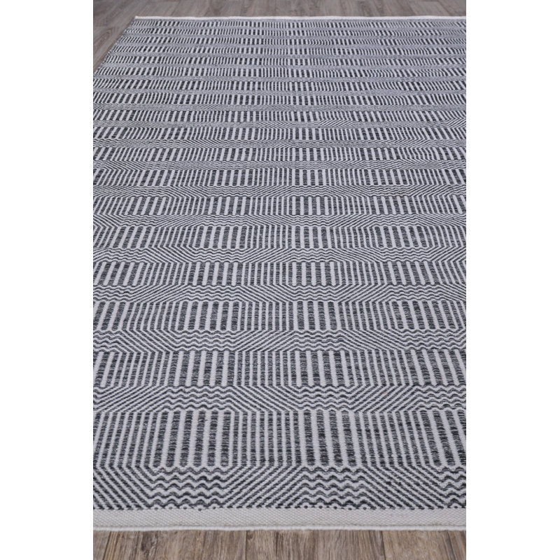 Rectangle Naples Geometric Handmade Flatweave Recycled P.E.T. Area Rug in Gray, Rectangle 10' x 14', Charcoal