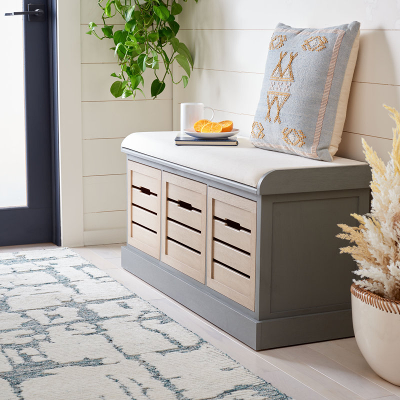 South Ferry Linen Upholstered Storage Bench, Distressed Grey Frame / Sand Drawers
