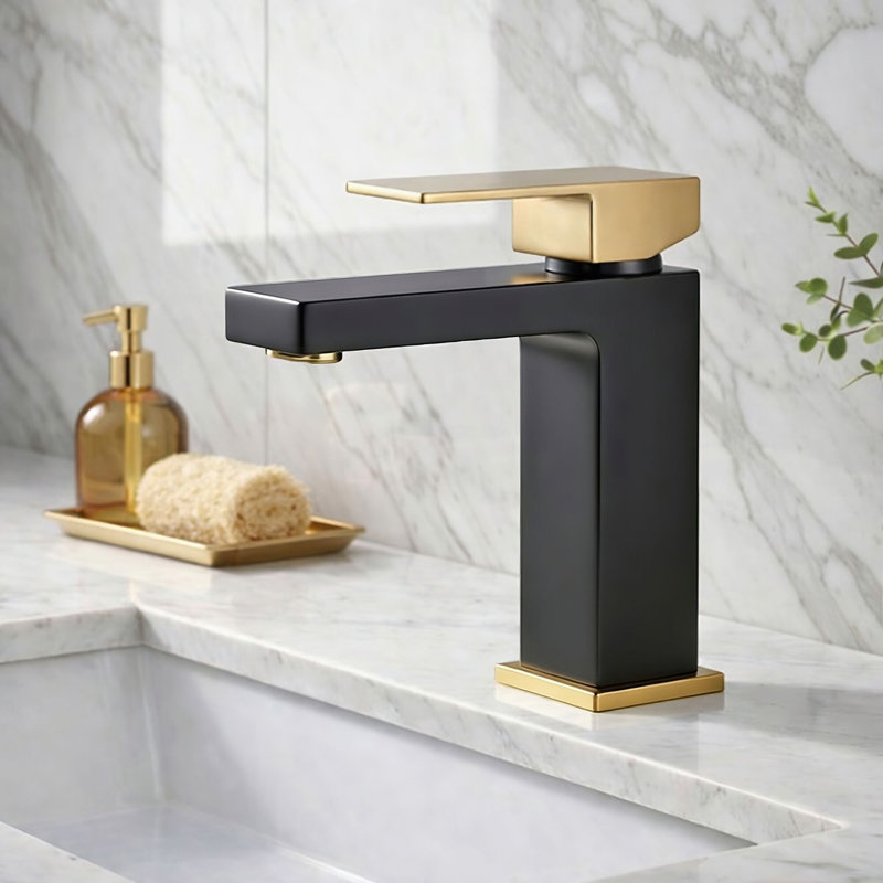 Robinet de salle de bain monocorps et monocommande avec drain, Or brossé et noir mat